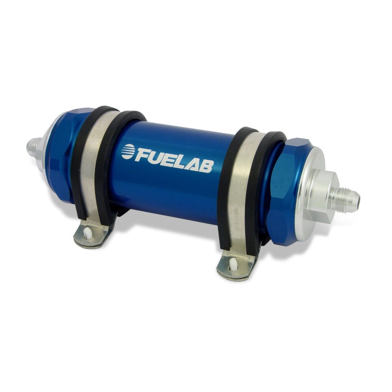 Fuelab 828 In-Line Fuel Filter Long -8AN In/-12AN Out 6 Micron Fiberglass – Blue