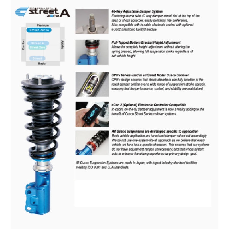 Cusco 2023+ Toyota Prius 5th Gen (MXWH60) Street Zero-A Coilover Kit (Rear Upper Mount Not Included)