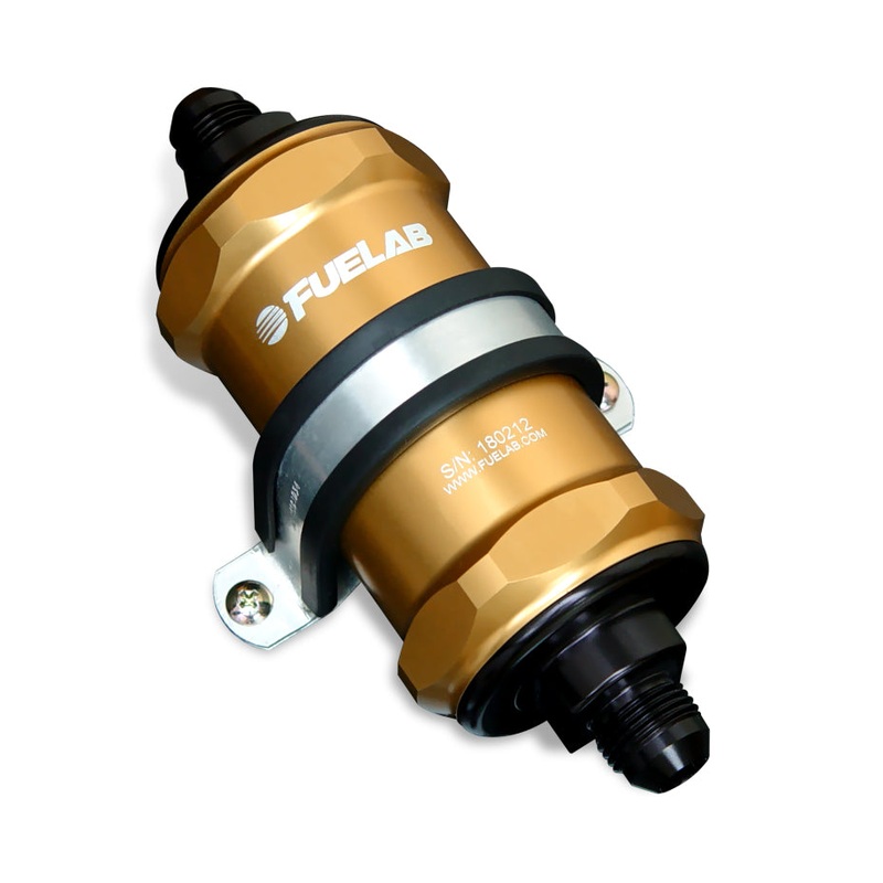 Fuelab 818 In-Line Fuel Filter Standard -10AN In/-8AN Out 40 Micron Stainless – Gold