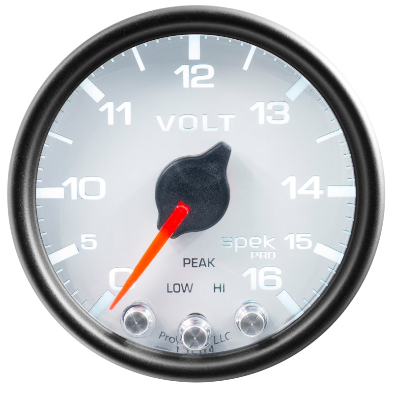 Autometer Spek-Pro Gauge Voltmeter 2 1/16in 16V Stepper Motor W/Peak & Warn White / Black Universal | P34412