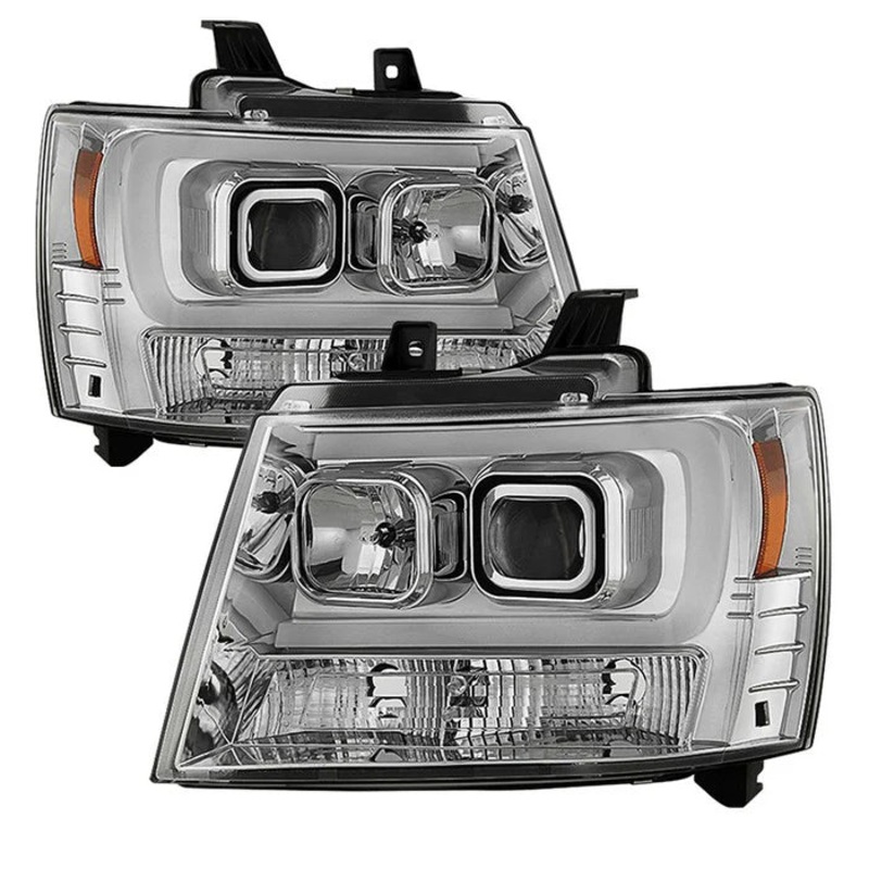 2007-2014 Chevy Suburban 1500/2500 / 2007-2014 Chevy Tahoe / 2007-2014 Avalanche Version 2 Projector Headlights – High H1 (Included) – Low H7 (Included) Light Bar DRL – Chrome