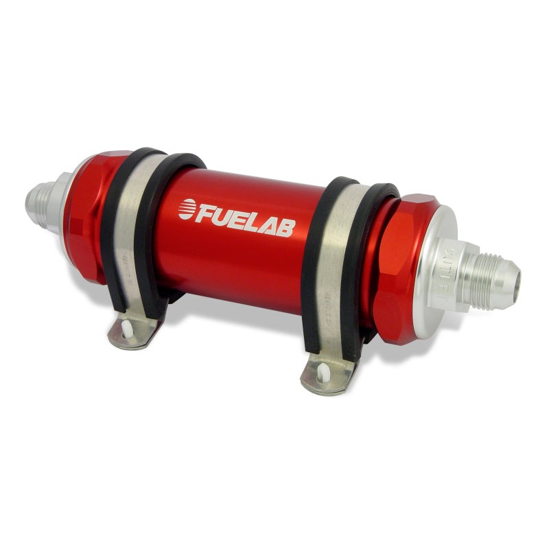 Fuelab 828 In-Line Fuel Filter Long -8AN In/-10AN Out 6 Micron Fiberglass – Red