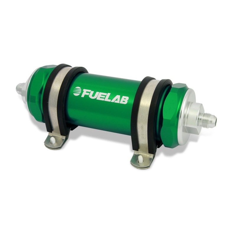 Fuelab 828 In-Line Fuel Filter Long -12AN In/-10AN Out 100 Micron Stainless – Green