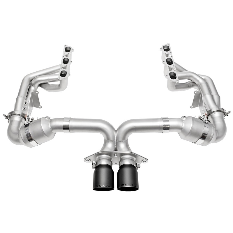 SOUL 2022 Porsche 992 GT3 Catted Exhaust System – 4in Slash Cut Satin Black Tips