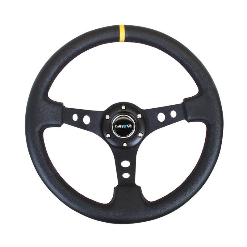 NRG ST-006 Series Steering Wheel (3″ Deep) Black Leather, Black 3 Spoke, Yellow Center Marking (350mm)