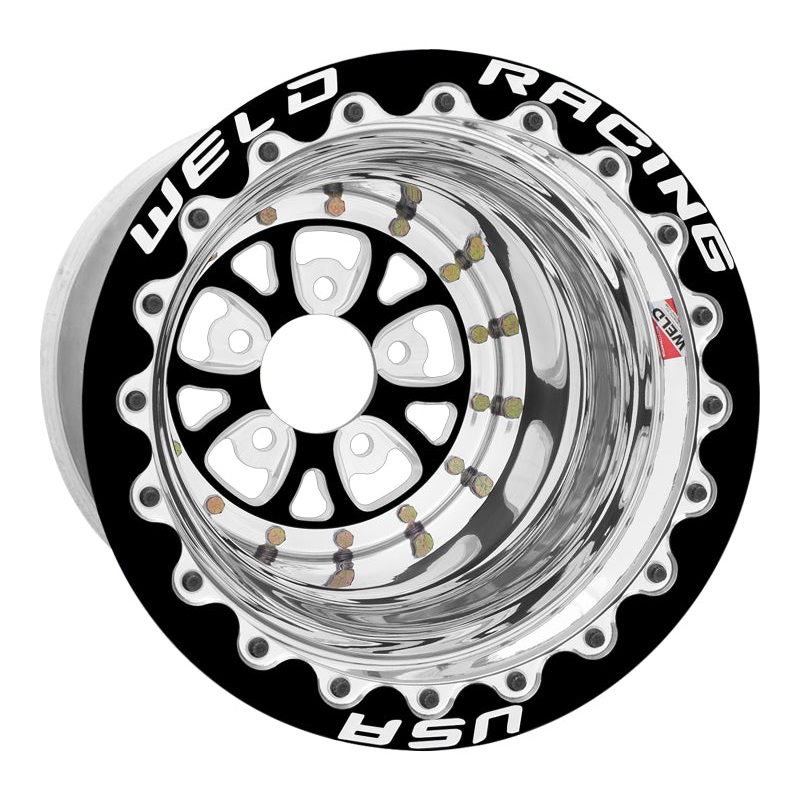 Weld V-Series 15×15 / 5×4.5 BP / 4in. BS Black Center-Polish Shell Wheel – Black Double Beadlock MT