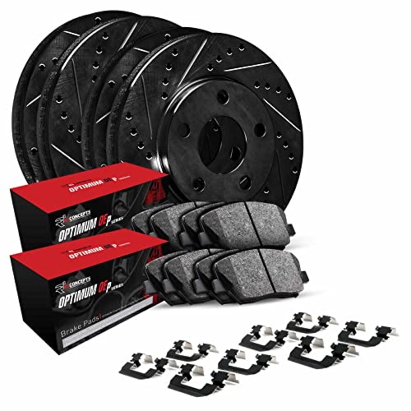 R1 Concepts Front Rear Brakes and Rotors Kit |Front Rear Brake Pads| Brake Rotors and Pads| Optimum OEp Brake Pads and Rotors |Hardware Kit|fits 2018-2022 Kia Stinger
