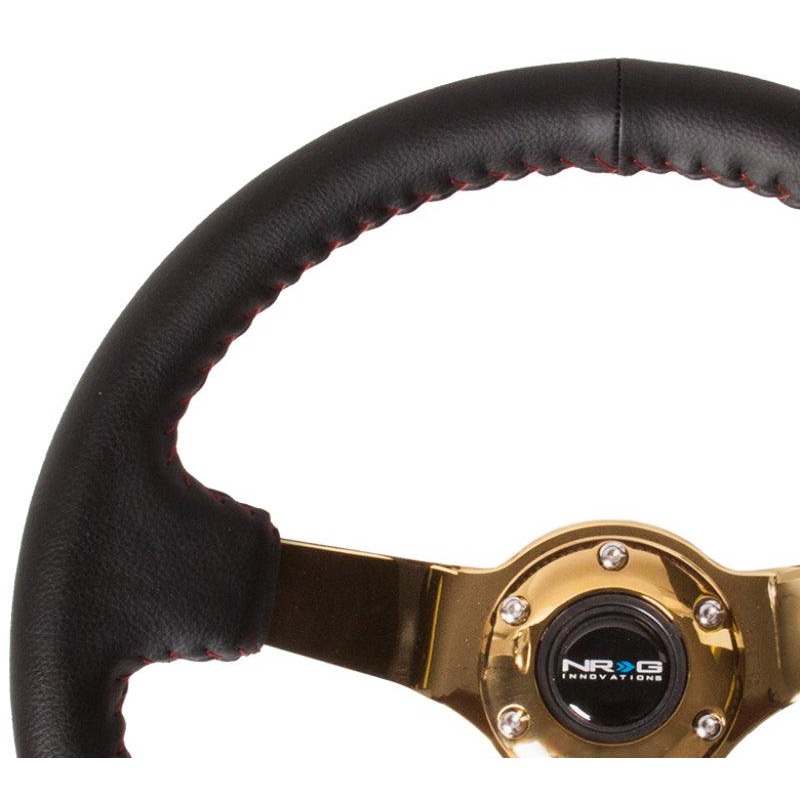 NRG Reinforced Steering Wheel (350mm / 3in. Deep) Blk Leather/Red BBall Stitch w/4mm Gold Spokes