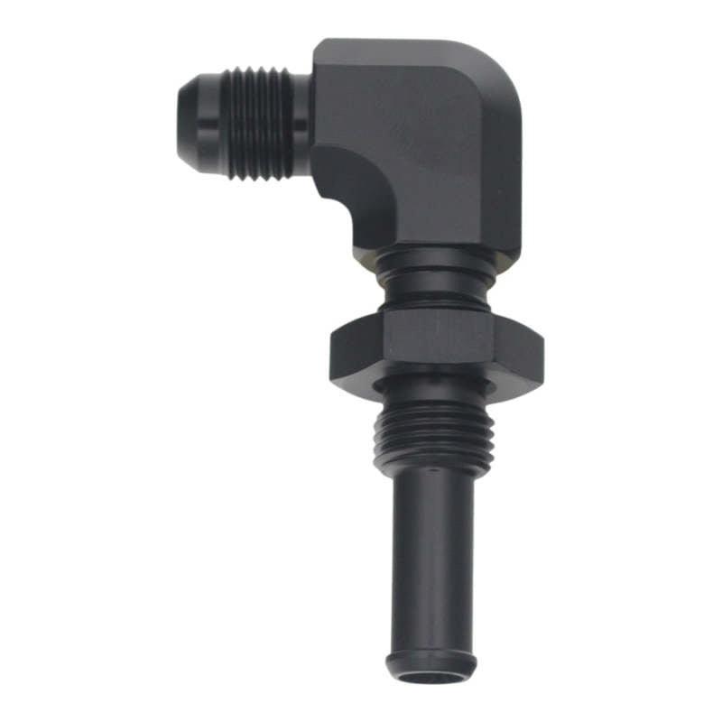 DeatschWerks 6AN Male Flare to 90-Degree 3/8in Single Hose Barb – Anodized Matte Black
