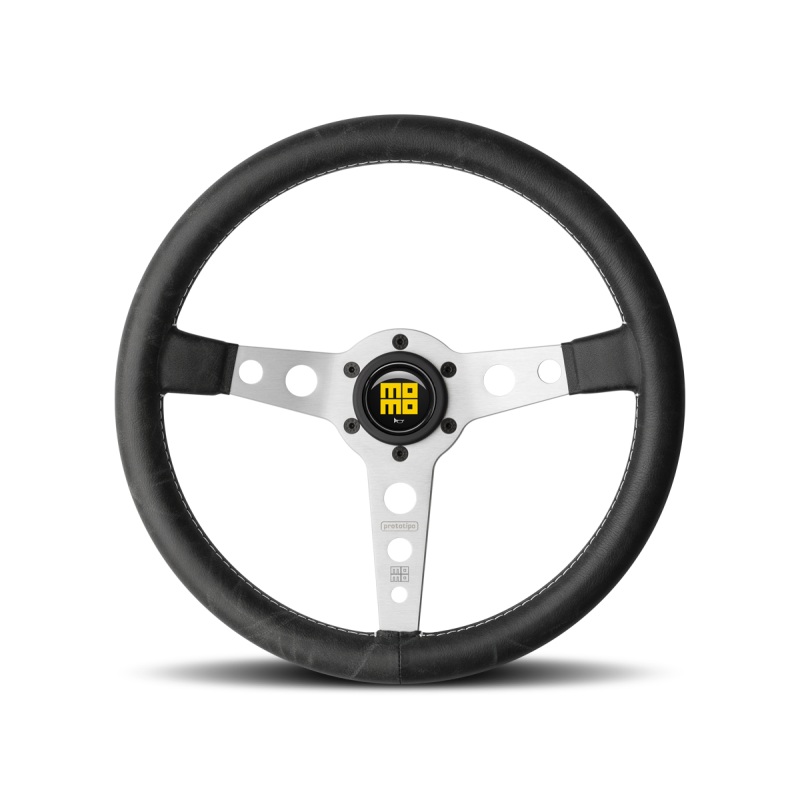 Momo Prototipo Steering Wheel 350 mm – Black Leather/White Stitch/Brshd Spokes
